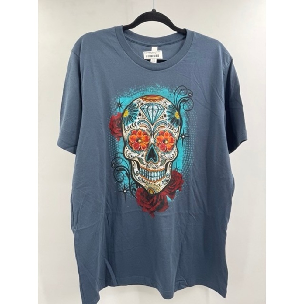 Bella + Canvas NEW Blue Sugar Skull Graphic Short Sleeve Tee XL Edgy Streetwear